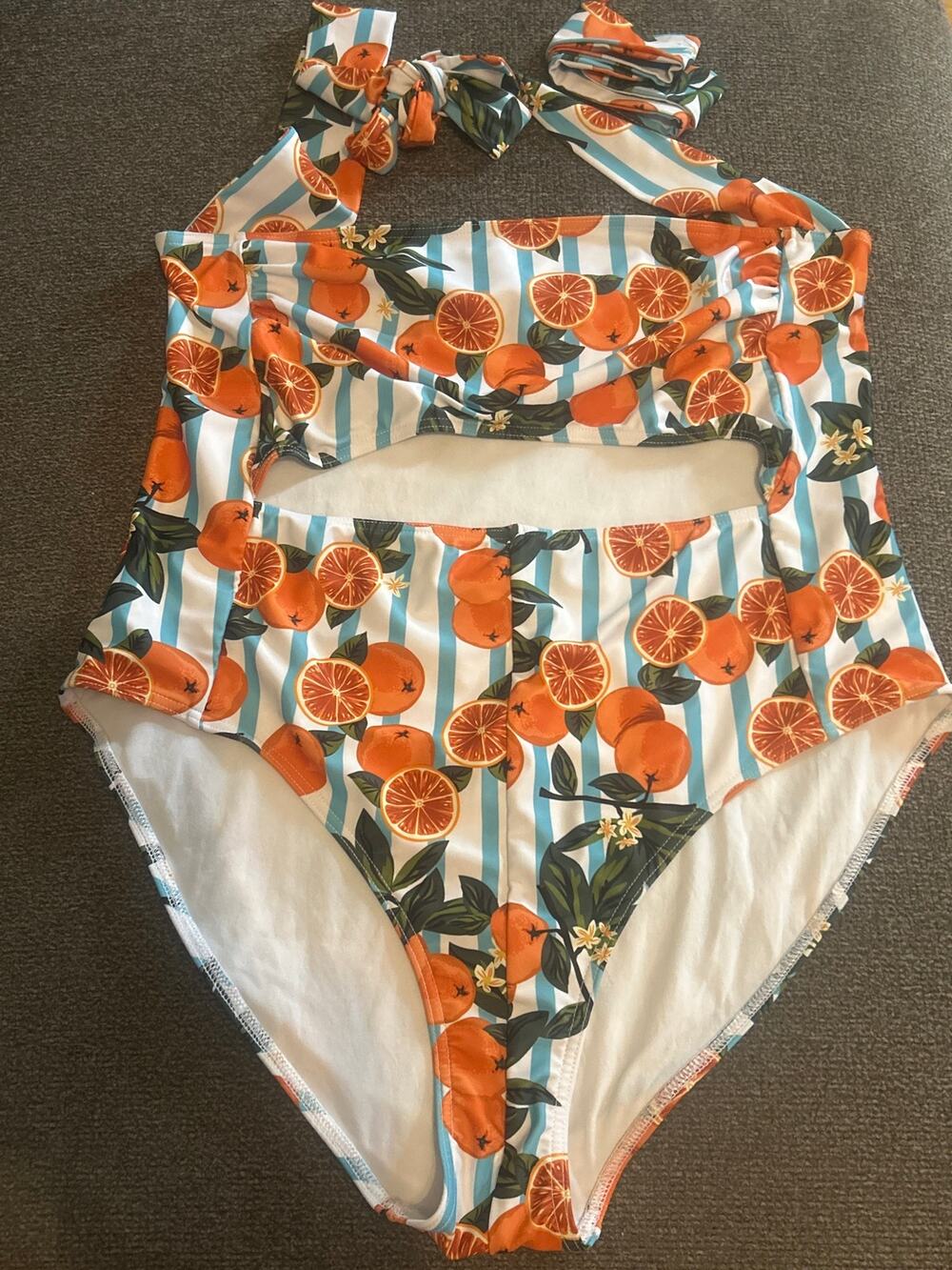 Modcloth Collectif Orange Fruit One Piece Swimsuit with Matching Headband Tie 1X